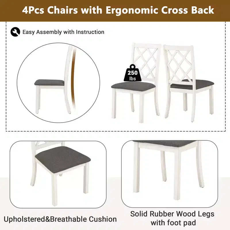 Ensemble de salle à manger 5 pièces de style ferme pour 4 personnes, table de cuisine ronde en bois avec 4 chaises rembourrées