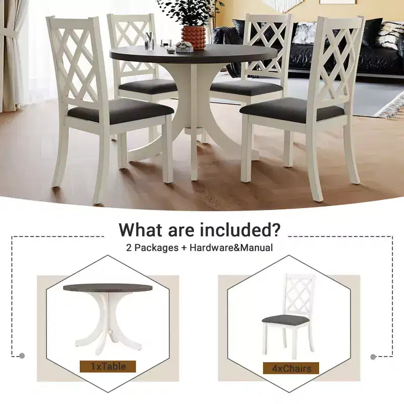 Ensemble de salle à manger 5 pièces de style ferme pour 4 personnes, table de cuisine ronde en bois avec 4 chaises rembourrées