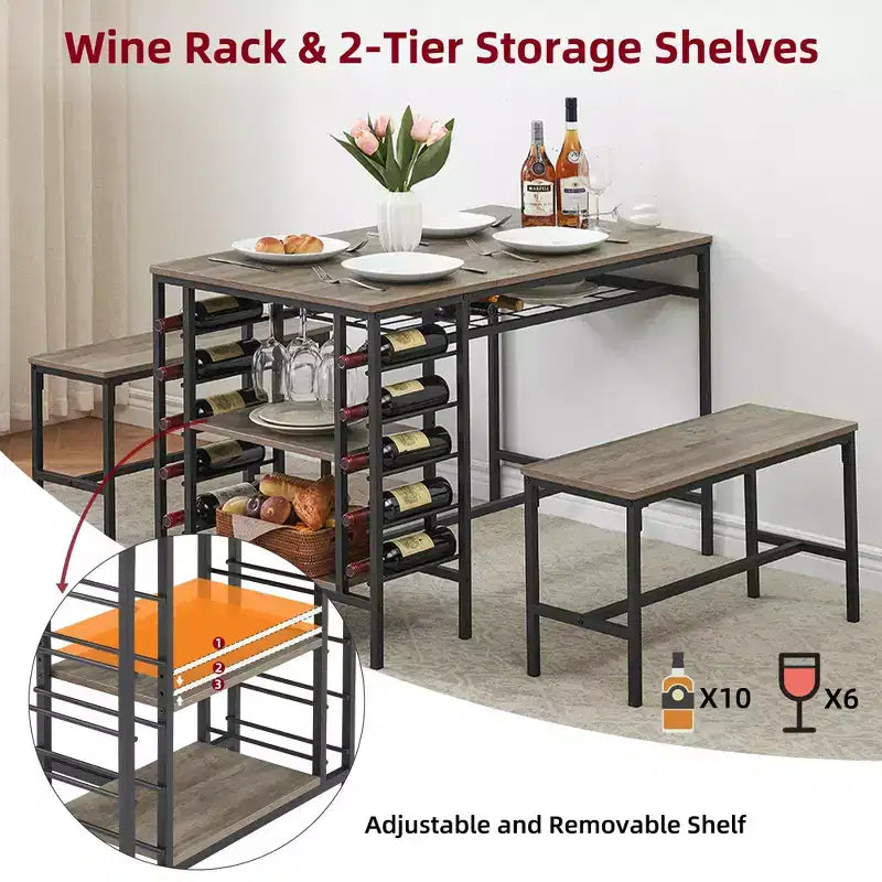 Ensemble table à manger pour 4, table de cuisine avec 2 bancs, étagère à vin et étagère de rangement, ensemble de table à manger rectangulaire, ensemble de table à manger 3 pièces pour l'espace