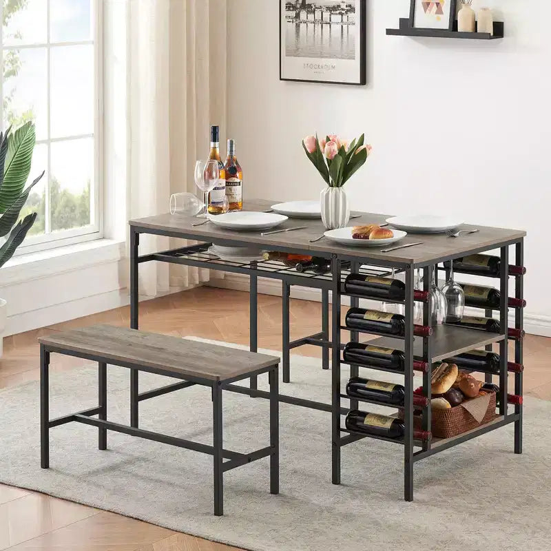 Ensemble table à manger pour 4, table de cuisine avec 2 bancs, étagère à vin et étagère de rangement, ensemble de table à manger rectangulaire, ensemble de table à manger 3 pièces pour l'espace