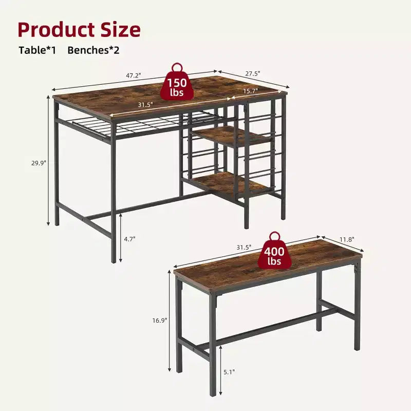 Ensemble table à manger pour 4, table de cuisine avec 2 bancs, étagère à vin et étagère de rangement, ensemble de table à manger rectangulaire, ensemble de table à manger 3 pièces pour l'espace