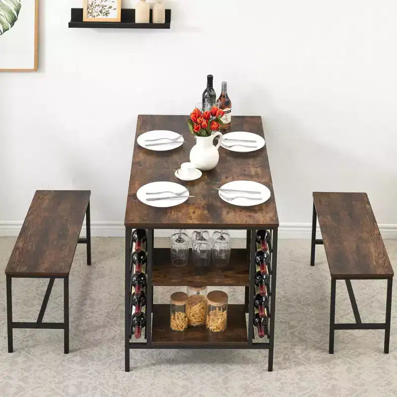 Ensemble table à manger pour 4, table de cuisine avec 2 bancs, étagère à vin et étagère de rangement, ensemble de table à manger rectangulaire, ensemble de table à manger 3 pièces pour l'espace
