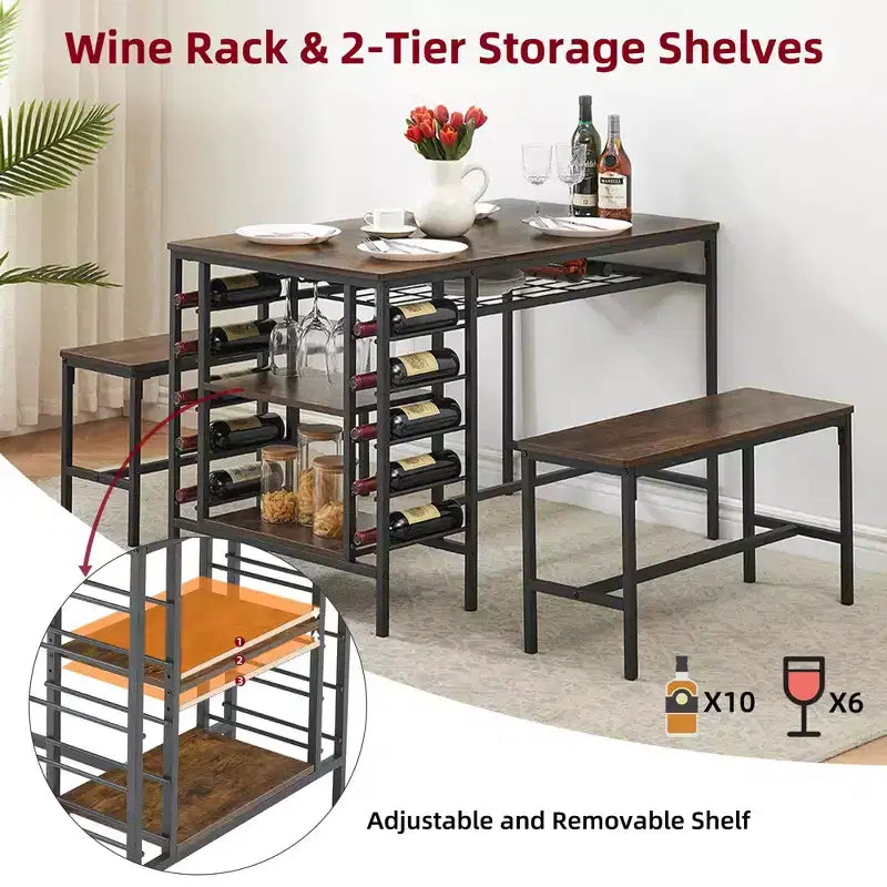 Ensemble table à manger pour 4, table de cuisine avec 2 bancs, étagère à vin et étagère de rangement, ensemble de table à manger rectangulaire, ensemble de table à manger 3 pièces pour l'espace