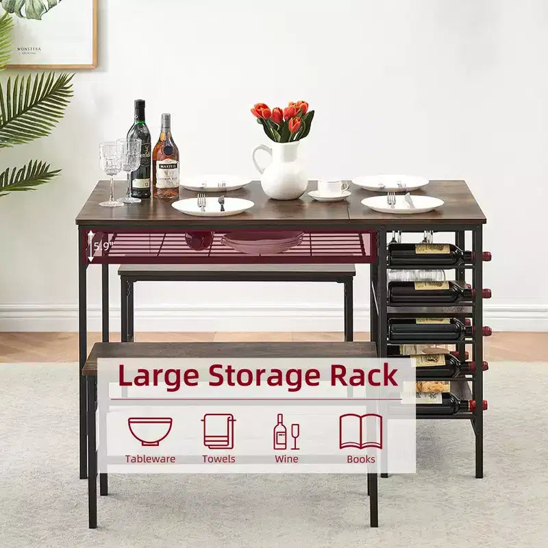 Ensemble table à manger pour 4, table de cuisine avec 2 bancs, étagère à vin et étagère de rangement, ensemble de table à manger rectangulaire, ensemble de table à manger 3 pièces pour l'espace