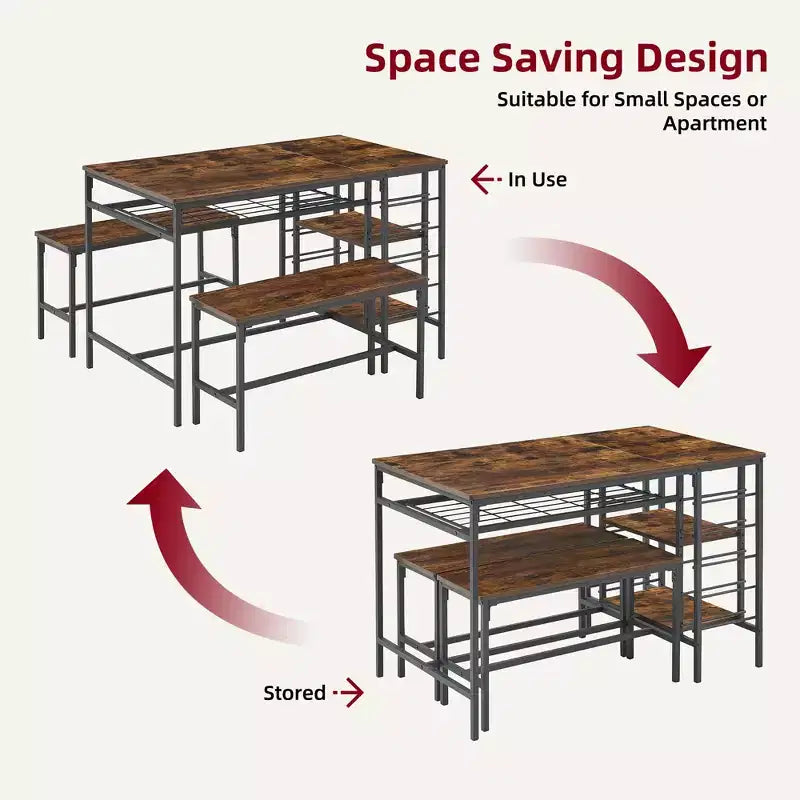 Ensemble table à manger pour 4, table de cuisine avec 2 bancs, étagère à vin et étagère de rangement, ensemble de table à manger rectangulaire, ensemble de table à manger 3 pièces pour l'espace