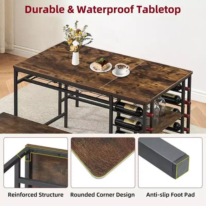 Ensemble table à manger pour 4, table de cuisine avec 2 bancs, étagère à vin et étagère de rangement, ensemble de table à manger rectangulaire, ensemble de table à manger 3 pièces pour l'espace