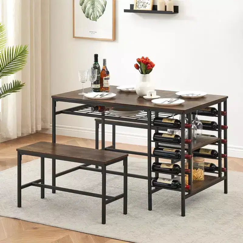 Ensemble table à manger pour 4, table de cuisine avec 2 bancs, étagère à vin et étagère de rangement, ensemble de table à manger rectangulaire, ensemble de table à manger 3 pièces pour l'espace