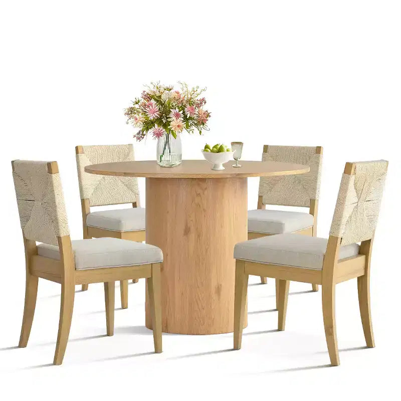 Ensemble de salle à manger rond 5 pièces, table à pied central de 41,5 po et chaises rembourrées beiges avec pieds en bois massif pour la cuisine ou le coin-repas - Panipeachy