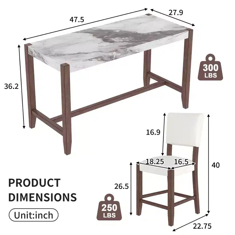 Ensemble de salle à manger 3 pièces à hauteur de comptoir avec table en faux marbre et 2 chaises rembourrées, pour cuisine de pub ou petit espace