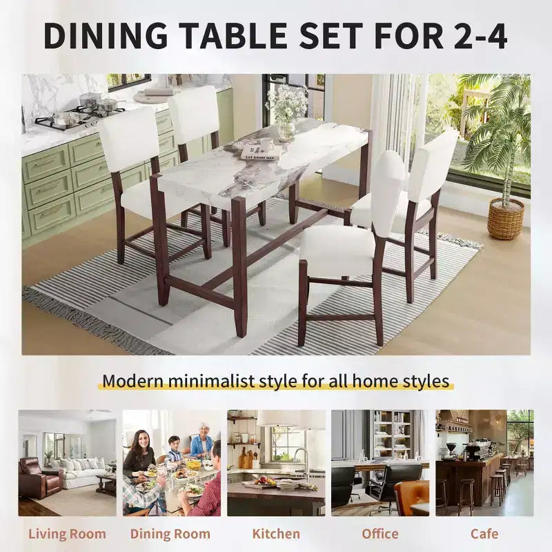 Ensemble de salle à manger 3 pièces à hauteur de comptoir avec table en faux marbre et 2 chaises rembourrées, pour cuisine de pub ou petit espace