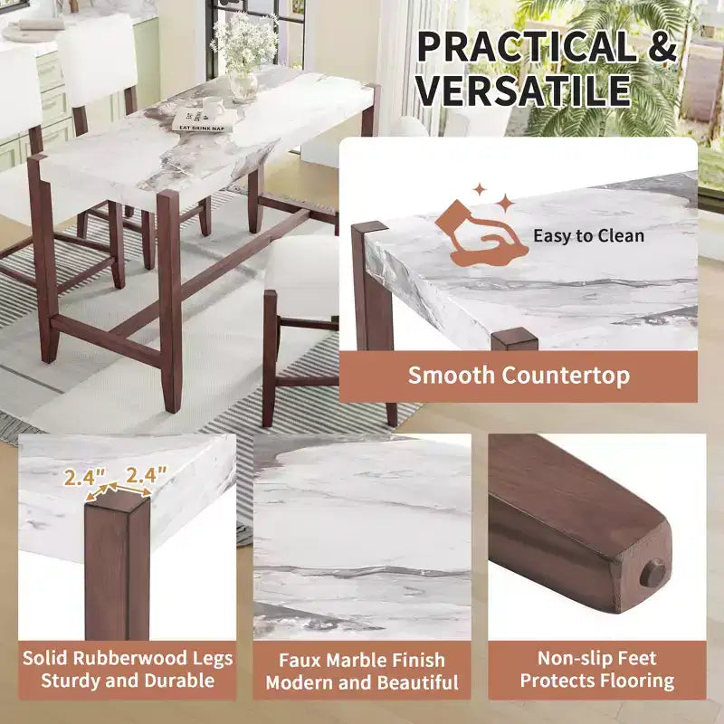 Ensemble de salle à manger 3 pièces à hauteur de comptoir avec table en faux marbre et 2 chaises rembourrées, pour cuisine de pub ou petit espace