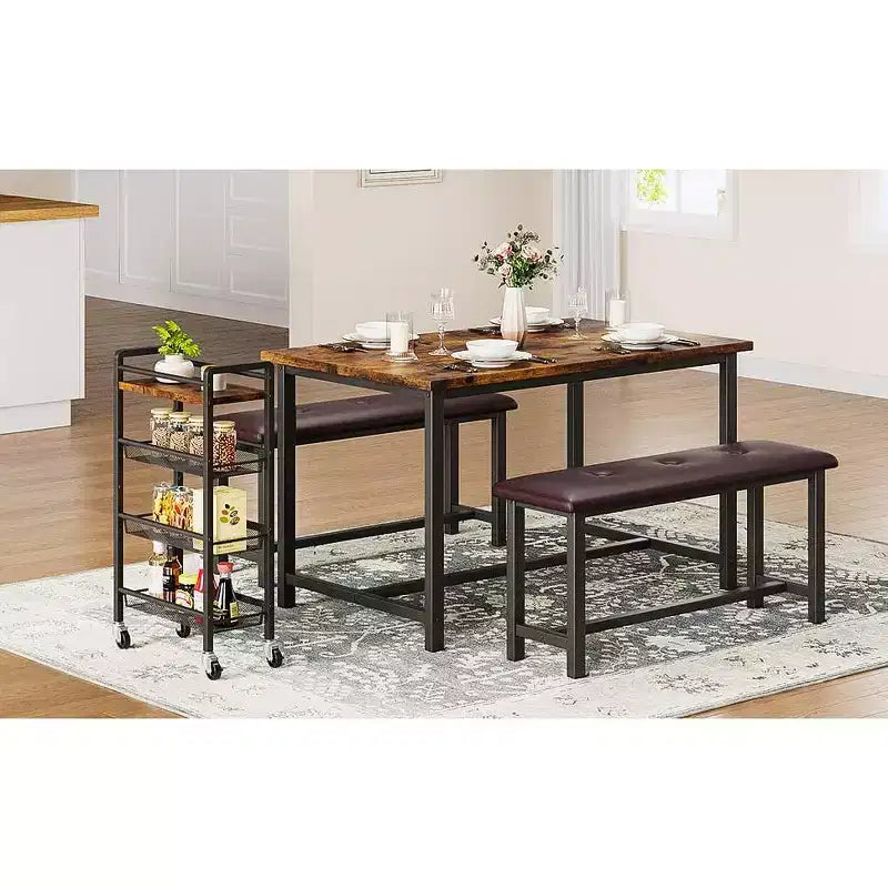 Ensemble table à manger pour 4, table de cuisine avec bancs, ensemble table de salle à manger rectangulaire avec 2 bancs rembourrés, ensemble table à manger 3 pièces pour petits espaces