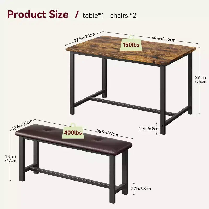 Ensemble table à manger pour 4, table de cuisine avec bancs, ensemble table de salle à manger rectangulaire avec 2 bancs rembourrés, ensemble table à manger 3 pièces pour petits espaces
