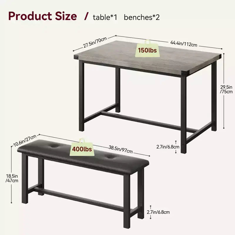 Ensemble table à manger pour 4, table de cuisine avec bancs, ensemble table de salle à manger rectangulaire avec 2 bancs rembourrés, ensemble table à manger 3 pièces pour petits espaces