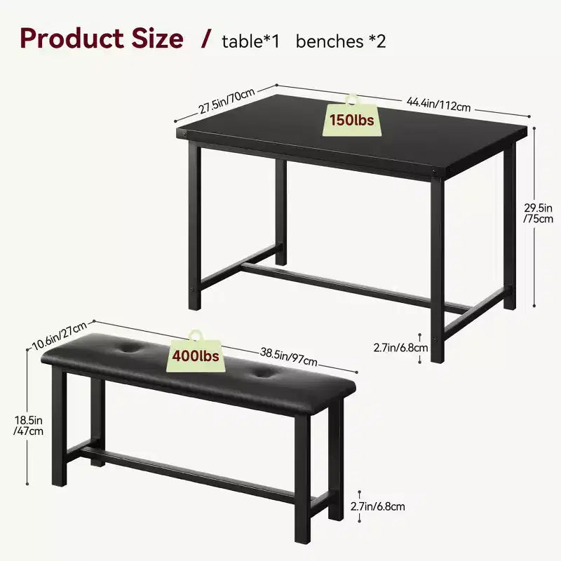 Ensemble table à manger pour 4, table de cuisine avec bancs, ensemble table de salle à manger rectangulaire avec 2 bancs rembourrés, ensemble table à manger 3 pièces pour petits espaces