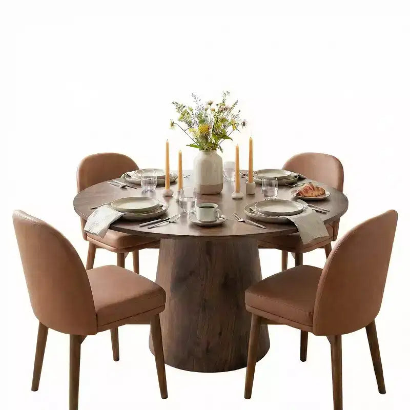 Ensemble de salle à manger rond 5 pièces, table piédestal de 46 po ton noyer et chaises de salle à manger en similicuir marron avec pieds en bois massif pour salle à manger-Panipeachy