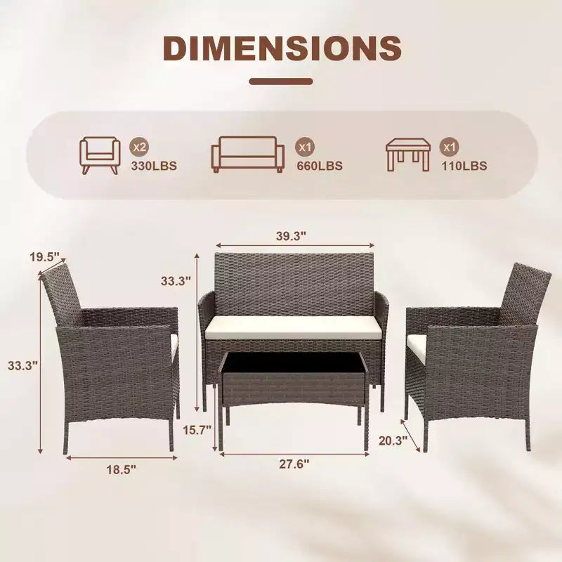 Ensemble de meubles de patio en rotin 4 pièces - Canapé d'extérieur, 2 chaises et table basse avec coussins pour jardin, cour ou véranda