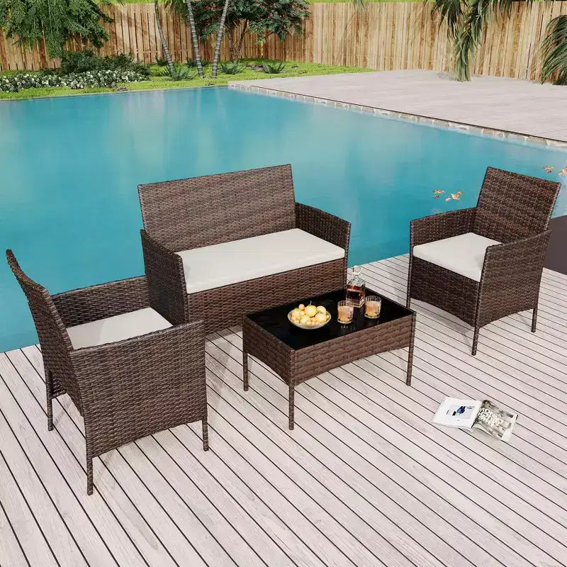 Ensemble de meubles de patio en rotin 4 pièces - Canapé d'extérieur, 2 chaises et table basse avec coussins pour jardin, cour ou véranda