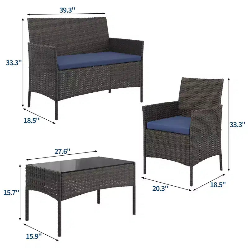 Ensemble de meubles de patio en rotin 4 pièces - Canapé d'extérieur, 2 chaises et table basse avec coussins pour jardin, cour ou véranda