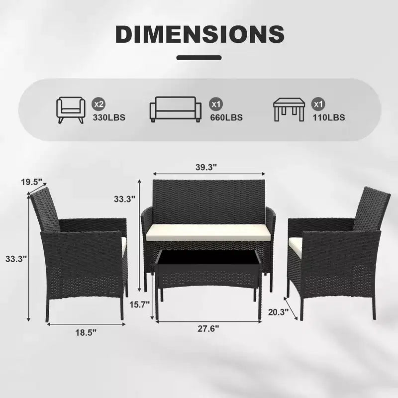 Ensemble de meubles de patio en rotin 4 pièces - Canapé d'extérieur, 2 chaises et table basse avec coussins pour jardin, cour ou véranda