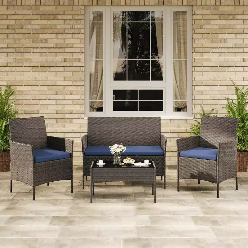 Ensemble de meubles de patio en rotin 4 pièces - Canapé d'extérieur, 2 chaises et table basse avec coussins pour jardin, cour ou véranda