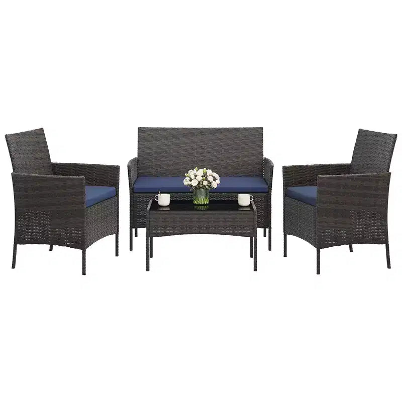 Ensemble de meubles de patio en rotin 4 pièces - Canapé d'extérieur, 2 chaises et table basse avec coussins pour jardin, cour ou véranda