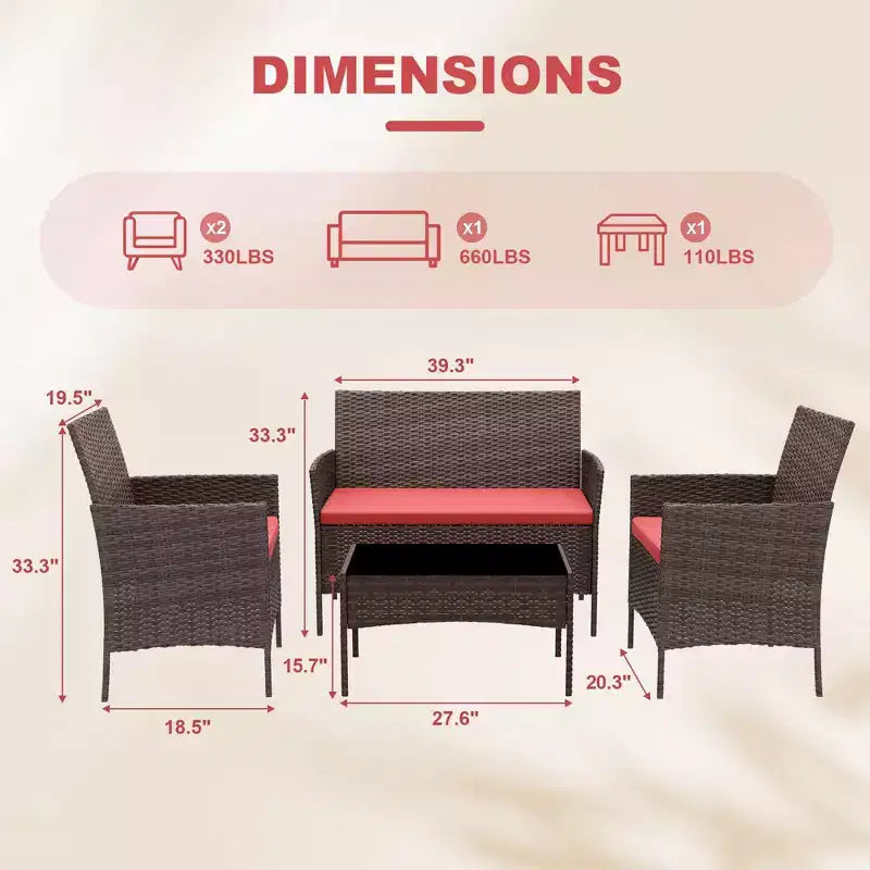 Ensemble de meubles de patio en rotin 4 pièces - Canapé d'extérieur, 2 chaises et table basse avec coussins pour jardin, cour ou véranda