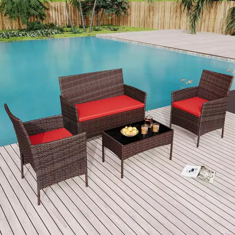 Ensemble de meubles de patio en rotin 4 pièces - Canapé d'extérieur, 2 chaises et table basse avec coussins pour jardin, cour ou véranda