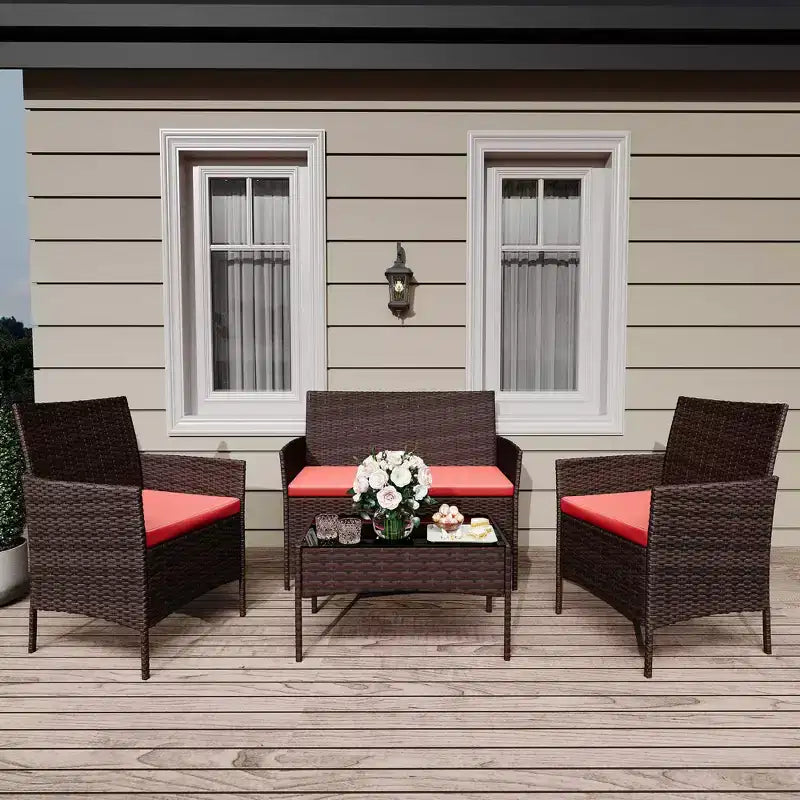 Ensemble de meubles de patio en rotin 4 pièces - Canapé d'extérieur, 2 chaises et table basse avec coussins pour jardin, cour ou véranda