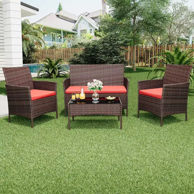 Ensemble de meubles de patio en rotin 4 pièces - Canapé d'extérieur, 2 chaises et table basse avec coussins pour jardin, cour ou véranda