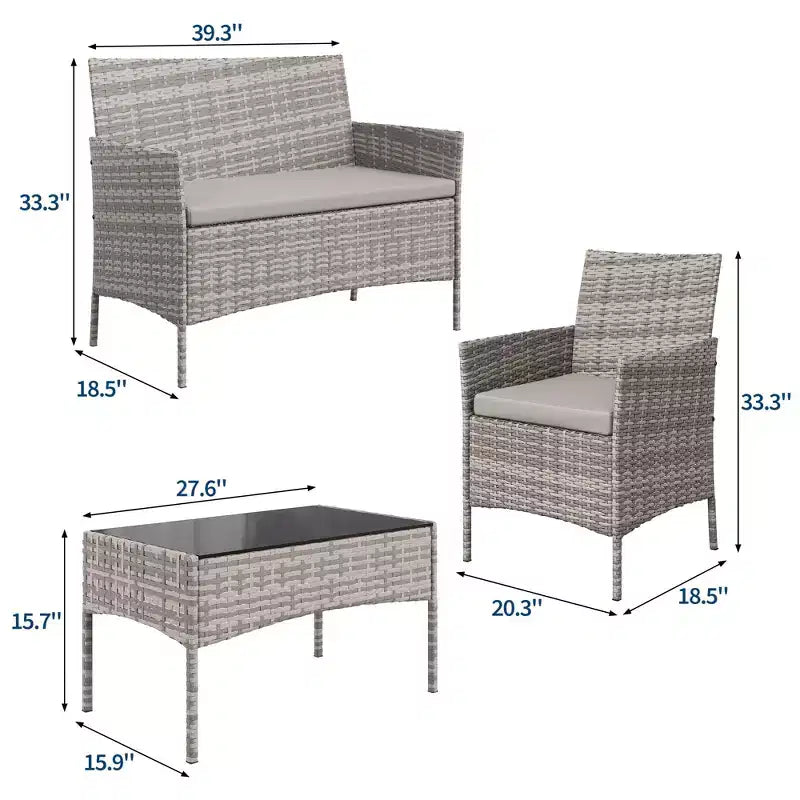 Ensemble de meubles de patio en rotin 4 pièces - Canapé d'extérieur, 2 chaises et table basse avec coussins pour jardin, cour ou véranda