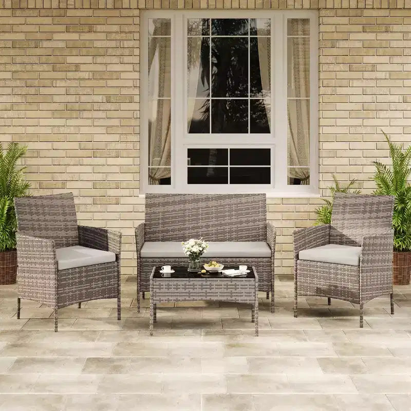 Ensemble de meubles de patio en rotin 4 pièces - Canapé d'extérieur, 2 chaises et table basse avec coussins pour jardin, cour ou véranda