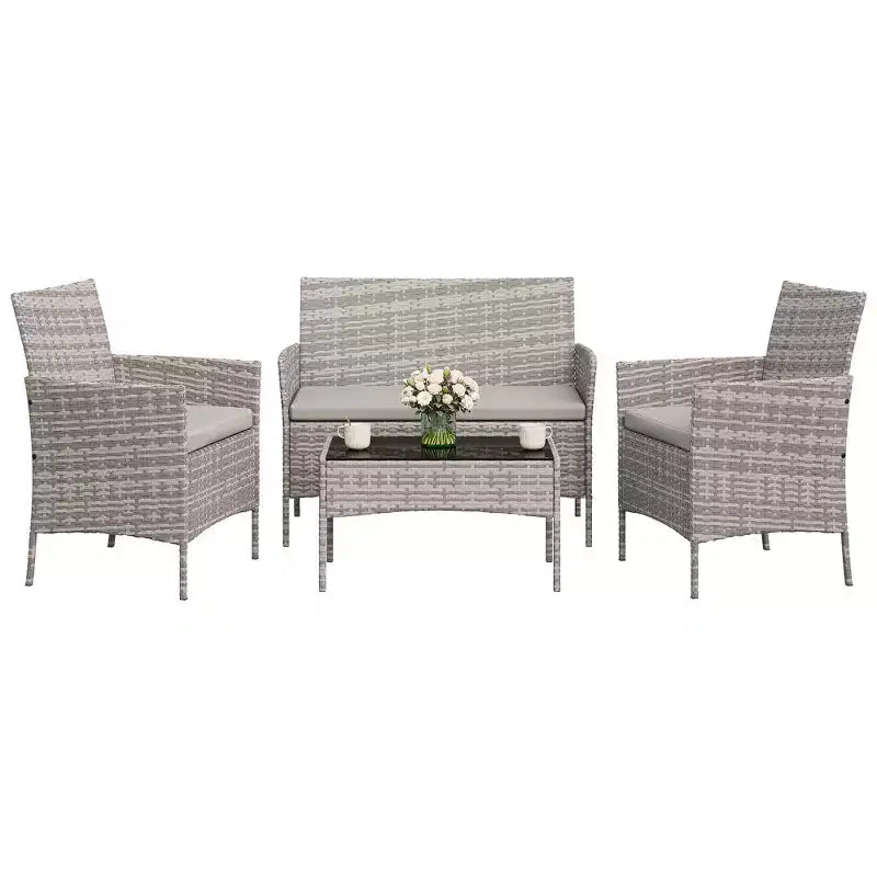 Ensemble de meubles de patio en rotin 4 pièces - Canapé d'extérieur, 2 chaises et table basse avec coussins pour jardin, cour ou véranda