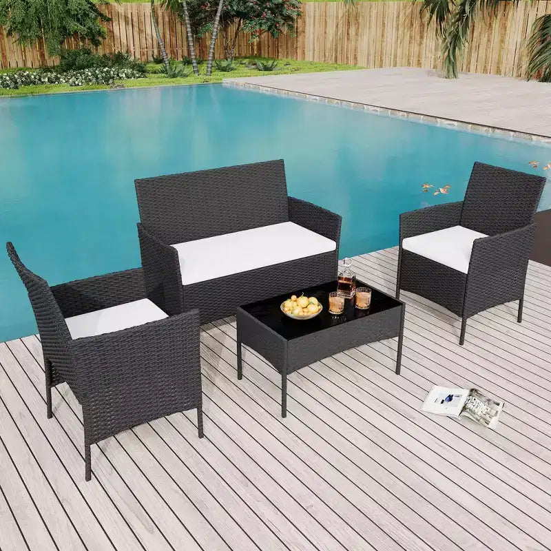 Ensemble de meubles de patio en rotin 4 pièces - Canapé d'extérieur, 2 chaises et table basse avec coussins pour jardin, cour ou véranda