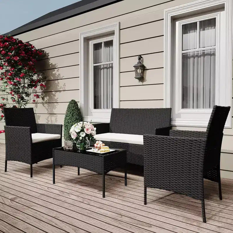 4-Piece Rattan Patio Furniture Set - Outdoor Sofa, 2 Chairs & Coffee Table with Cushions for Garden Backyard Porch