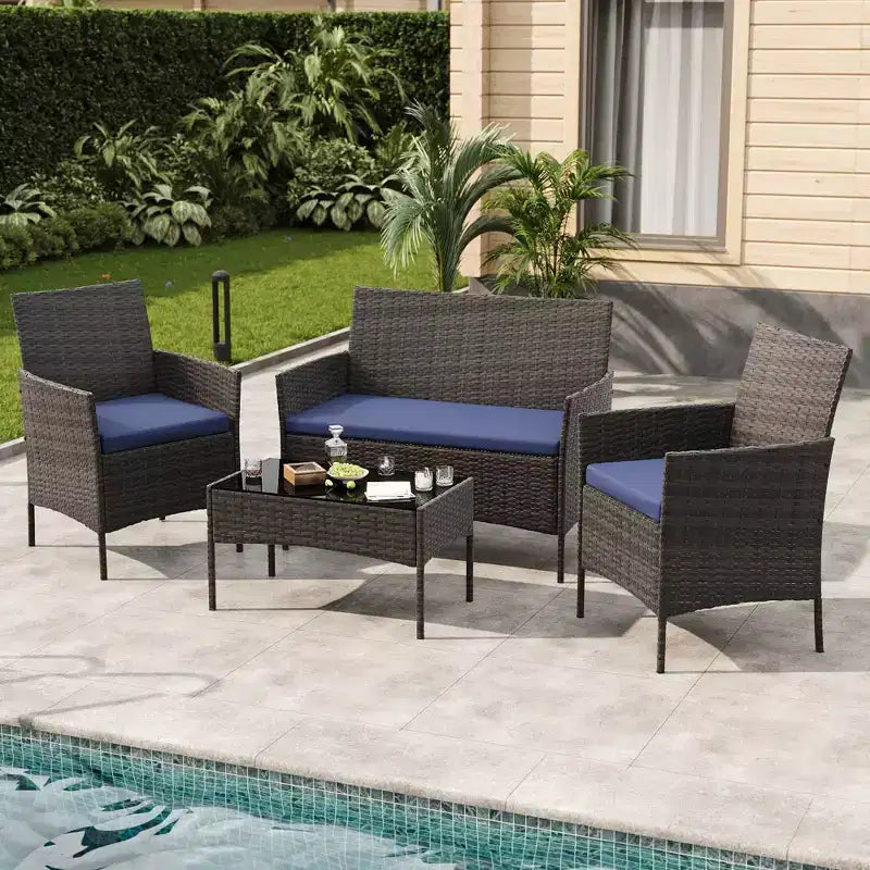 Ensemble de meubles de patio en rotin 4 pièces - Canapé d'extérieur, 2 chaises et table basse avec coussins pour jardin, cour ou véranda