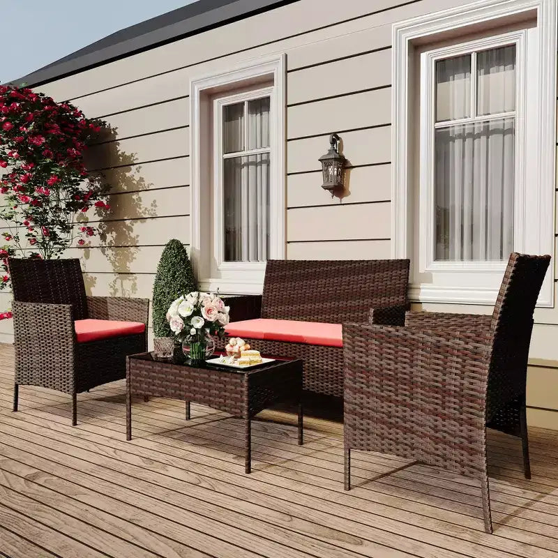Ensemble de meubles de patio en rotin 4 pièces - Canapé d'extérieur, 2 chaises et table basse avec coussins pour jardin, cour ou véranda