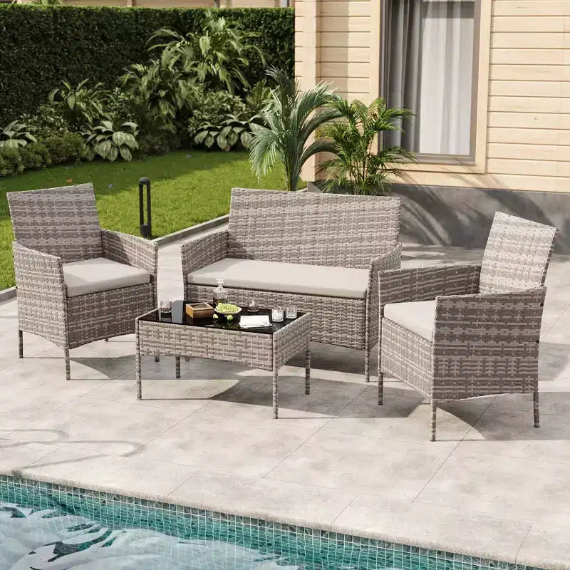 Ensemble de meubles de patio en rotin 4 pièces - Canapé d'extérieur, 2 chaises et table basse avec coussins pour jardin, cour ou véranda