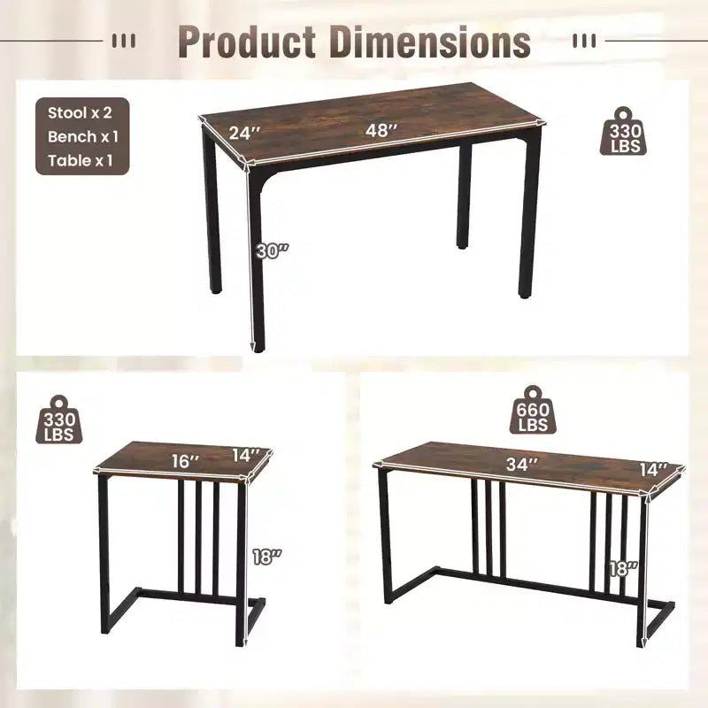 Costway Ensemble table à manger 4 pièces, table de cuisine industrielle avec banc et 2 tabourets pour 4 personnes