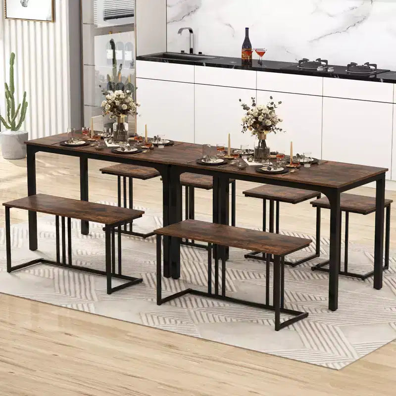 Costway Ensemble table à manger 4 pièces, table de cuisine industrielle avec banc et 2 tabourets pour 4 personnes