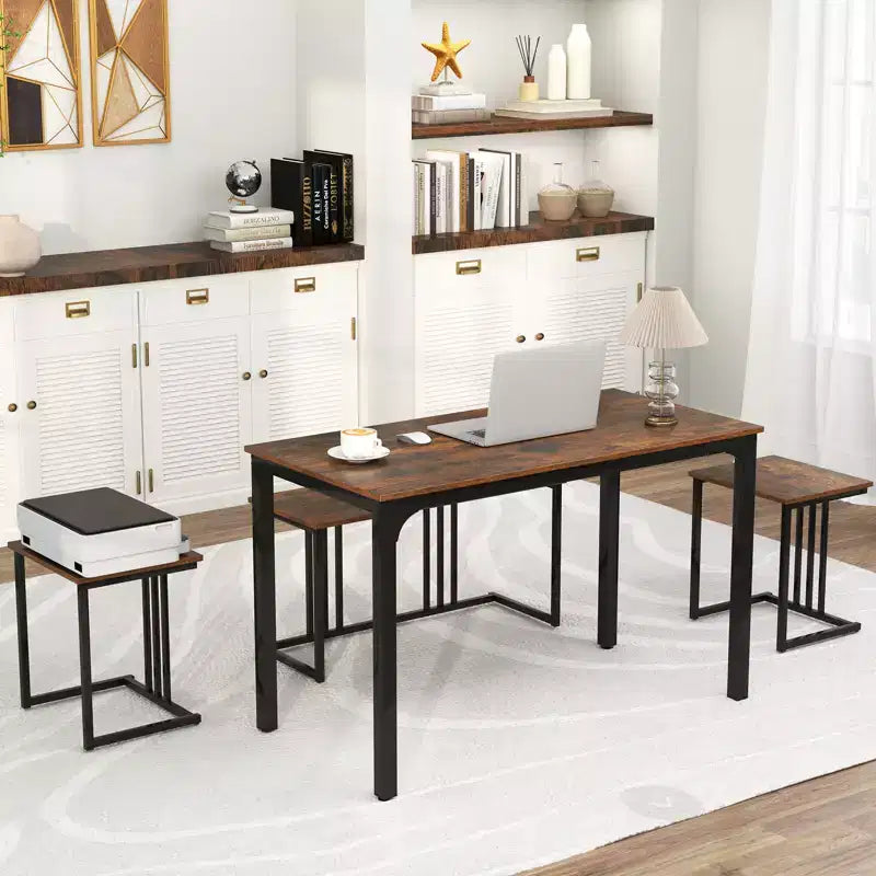 Costway Ensemble table à manger 4 pièces, table de cuisine industrielle avec banc et 2 tabourets pour 4 personnes