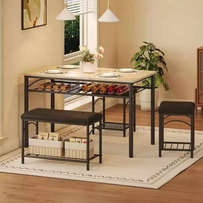 Ensemble de salle à manger 4 pièces avec bancs et tabourets rembourrés - Table de cuisine compacte pour appartements, studios et petits espaces