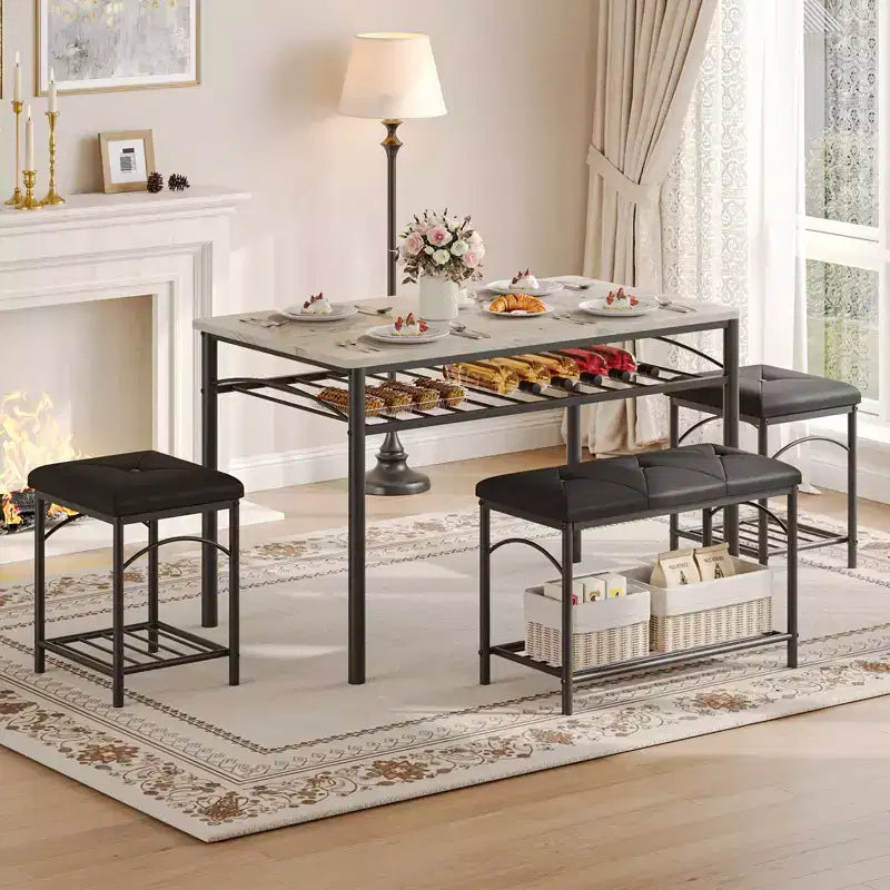 Ensemble de salle à manger 4 pièces avec bancs et tabourets rembourrés - Table de cuisine compacte pour appartements, studios et petits espaces