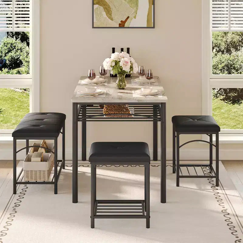 Ensemble de salle à manger 4 pièces avec bancs et tabourets rembourrés - Table de cuisine compacte pour appartements, studios et petits espaces