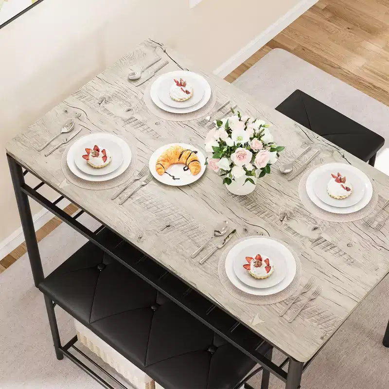 Ensemble de salle à manger 4 pièces avec bancs et tabourets rembourrés - Table de cuisine compacte pour appartements, studios et petits espaces