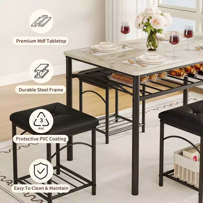 Ensemble de salle à manger 4 pièces avec bancs et tabourets rembourrés - Table de cuisine compacte pour appartements, studios et petits espaces