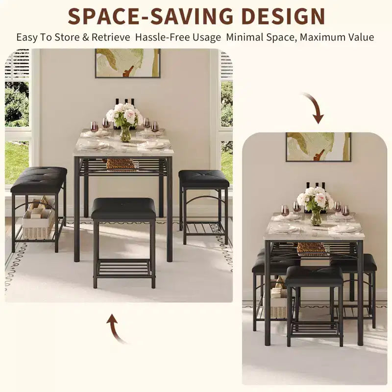 Ensemble de salle à manger 4 pièces avec bancs et tabourets rembourrés - Table de cuisine compacte pour appartements, studios et petits espaces