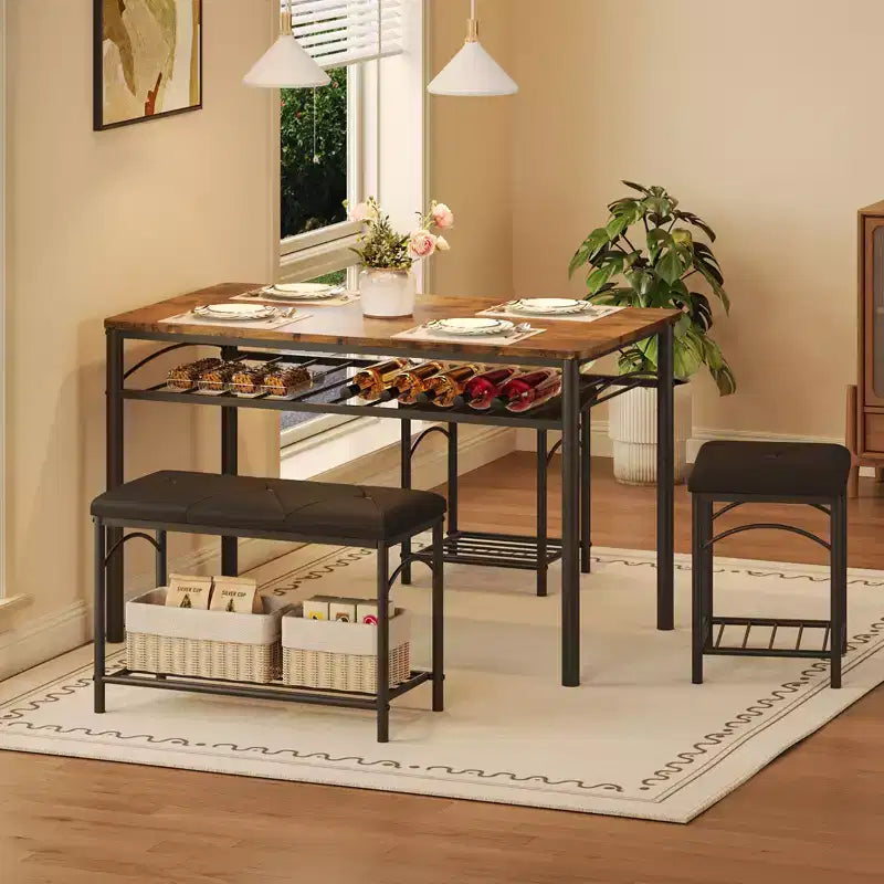 Ensemble de salle à manger 4 pièces avec bancs et tabourets rembourrés - Table de cuisine compacte pour appartements, studios et petits espaces