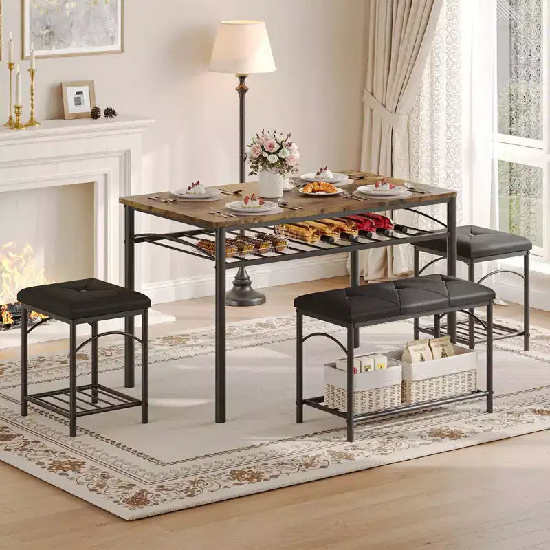 Ensemble de salle à manger 4 pièces avec bancs et tabourets rembourrés - Table de cuisine compacte pour appartements, studios et petits espaces