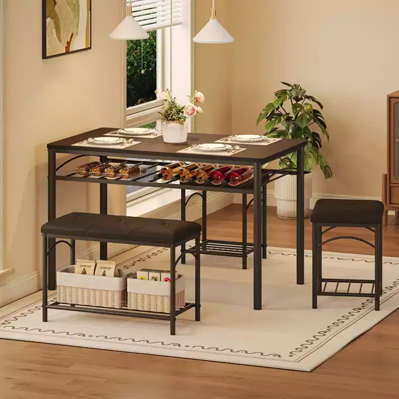 Ensemble de salle à manger 4 pièces avec bancs et tabourets rembourrés - Table de cuisine compacte pour appartements, studios et petits espaces